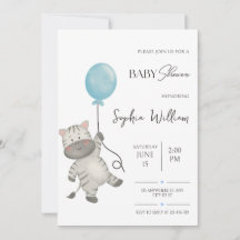 Chorreado Cebra Y Globo Azul Acuarela Baby Shower