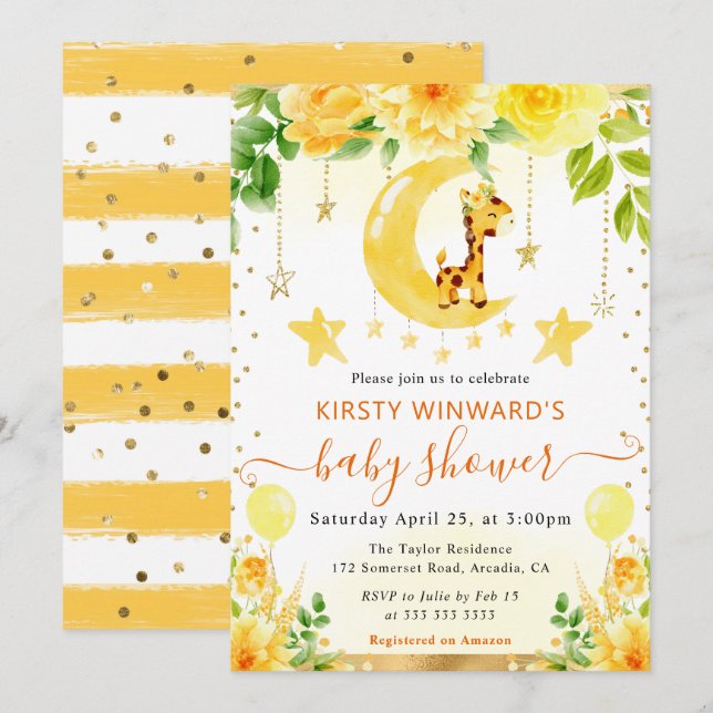 Invitación Chorreado de Acuarela Cumpleaños de Bebé Jirafa Fl (Anverso / Reverso)