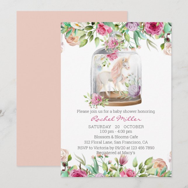 Invitación Chorreado de Acuarela Cumpleaños de Bebé Unicornio (Anverso / Reverso)