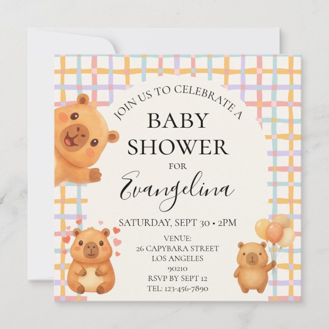 Invitación Chorreado de Acuarela Cumpleaños de Capybara Bebé (Anverso)