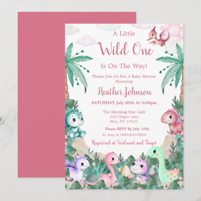 Invitación Chorreado de Acuarela Cumpleaños de Niña Dinosauri (Anverso / Reverso)