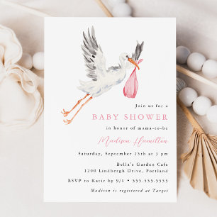 Invitación Chorreado de Acuarela de Cigüeña Rosa para Baby Sh