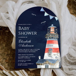 Invitación Chorreado de Acuarela Faro Marina Azul Baby Shower