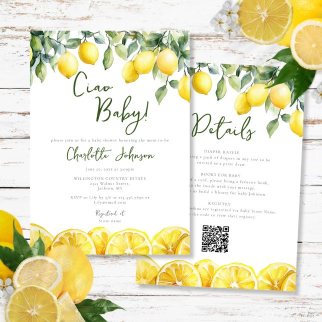 Invitación Chorreado de Acuarela Limón Baño de Bebé Todo en U (Watercolor Lemon Citrus All In One Baby Shower Invitation)