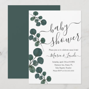 Invitación Chorreado de Acuarela Verde de Eucalipto para Baby