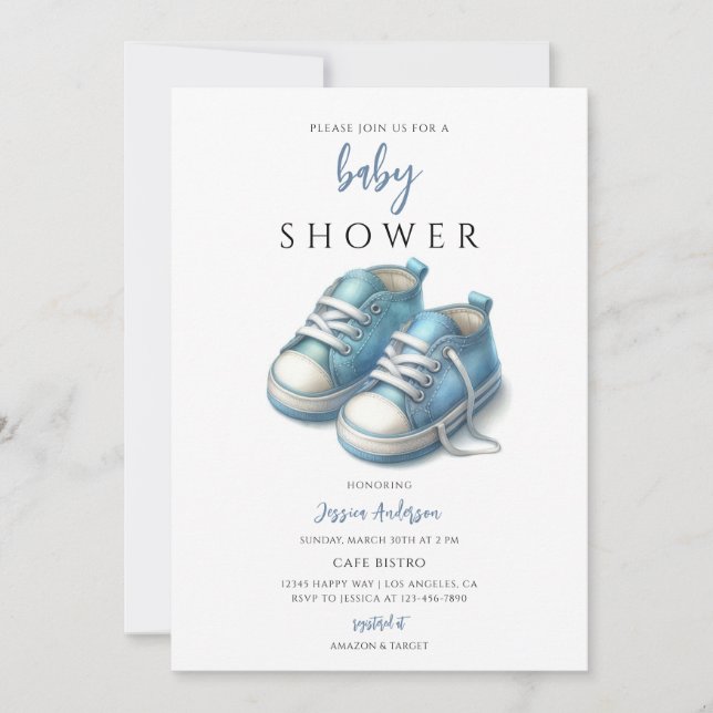 Invitación Chorreado de Botitas Azules para el Bebe (Anverso)