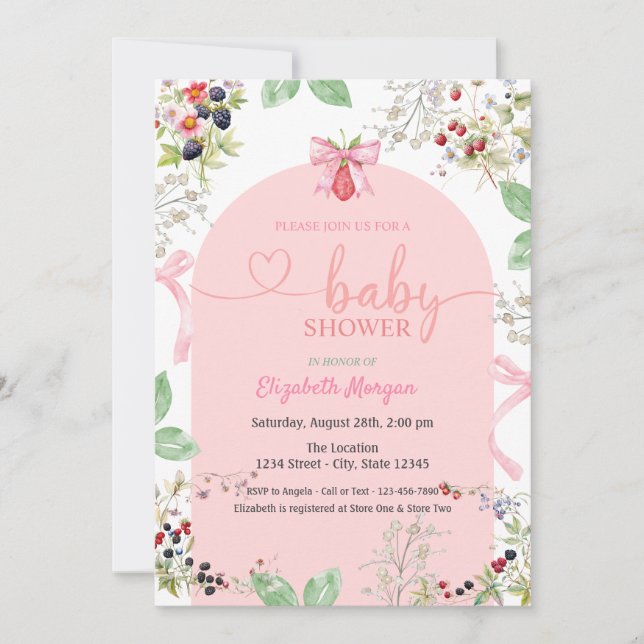 Invitación Chorreado de Fresa con Lazo Frutas  Shower de Bebe (Anverso)