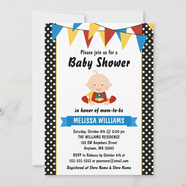Invitación Chorreado de lunares de superhéroe para baby showe (Anverso)