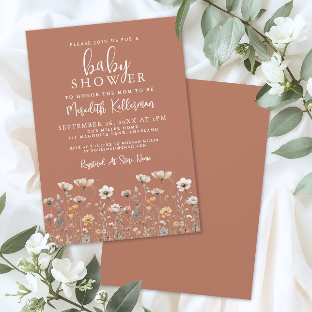 Invitación Chorreado de Naranja Fiesta de Bebé de Flor Silves (Burnt Orange Wildflower Baby Shower Invitation)