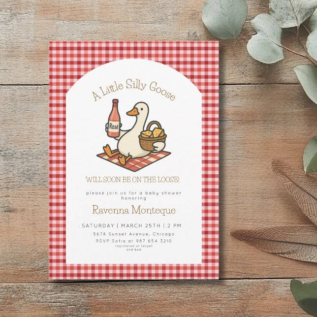 Invitación Chorreado divertido picnic de ganso de gingham roj (Subido por el creador)