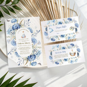 Invitación Chorreado Floral Azul de Ganso Tonto Fiesta de Beb