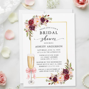 Invitación Chorreado Floral Coqueta Lazo Rosa Desayuno de Nov