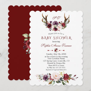 Invitación Chorreado Floral de Borgoña Ciervos Baby Shower