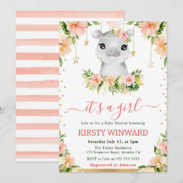Invitación Chorreado Floral de Hipopótamo Niña Baby Shower