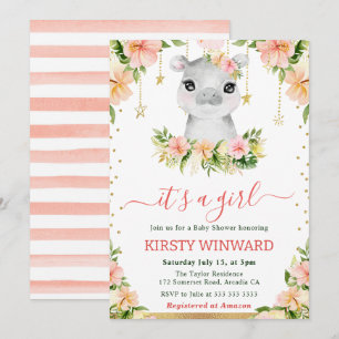 Invitación Chorreado Floral de Hipopótamo Niña Baby Shower
