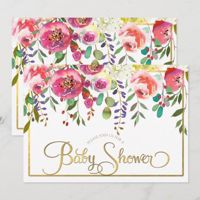 Invitación Chorreado Floral Flores Moderno Shower de Bebé (Anverso / Reverso)