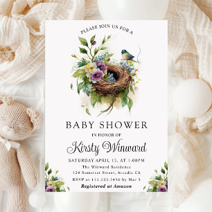 Invitación Chorreado Floral Primavera Nido de Pájaro Baby Sho