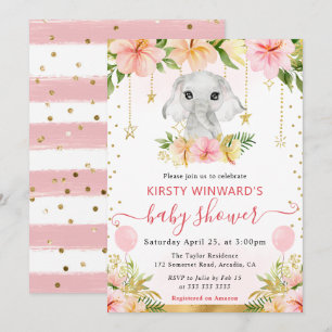 Invitación Chorreado Floral Selva Elefante Baby Shower