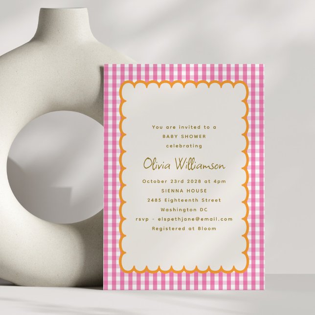 Invitación Chorreado Rosa Cuadros Naranja Borde Bebé Cumpleañ (Subido por el creador)