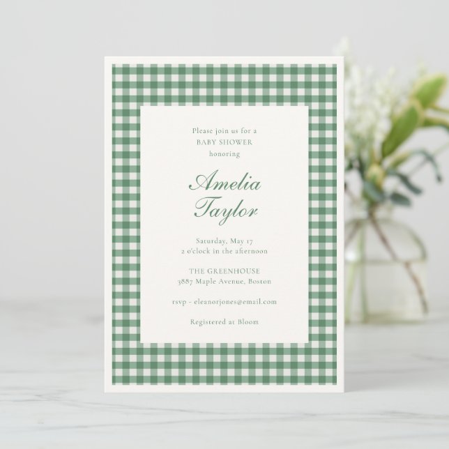 Invitación Chorreado Verde Clásico Gingham Baby Shower  (Anverso de pie)
