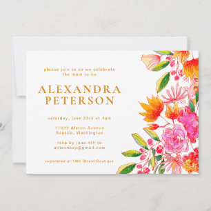 Invitación Chorreo Acuarela Floral Rosa y Naranja para Baby S