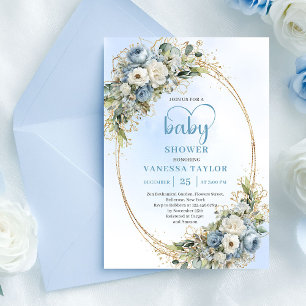 Invitación Chorreo Azul Eucalipto Floral Oro Baby Shower  