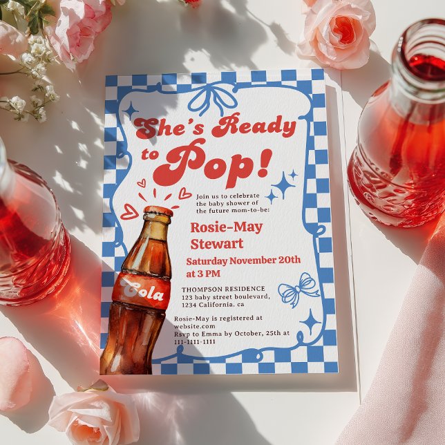 Invitación Chorreo Azul Retro Listo para la Fiesta de Bebé de (Retro Blue Checker Ready to Pop Cola Baby Shower Invitation)