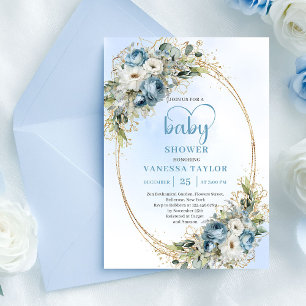 Invitación Chorreo Boho Azul Floral Eucalipto Baby Shower  