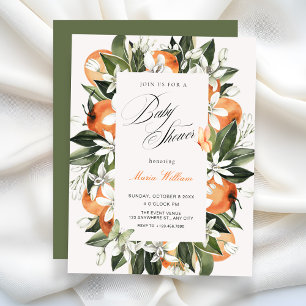 Invitación Chorreo de bebé acuarela hojas de naranja botánica