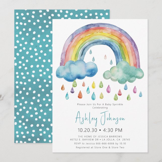 Invitación Chorreo de bebé arcoíris acuarela boho (Anverso / Reverso)