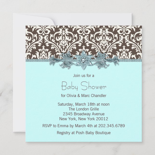 Invitación Chorreo de bebé azul teal marrón Damask (Anverso)