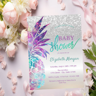 Invitación Chorreo de Bebé Bokeh Brillo de Piña Plateado