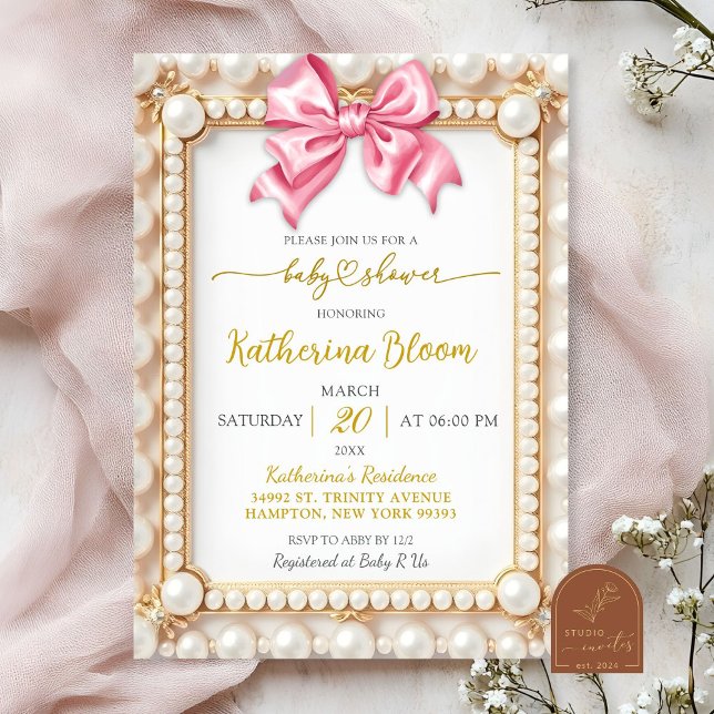 Invitación Chorreo de Bebé con Lazo Rosa Perla (Subido por el creador)