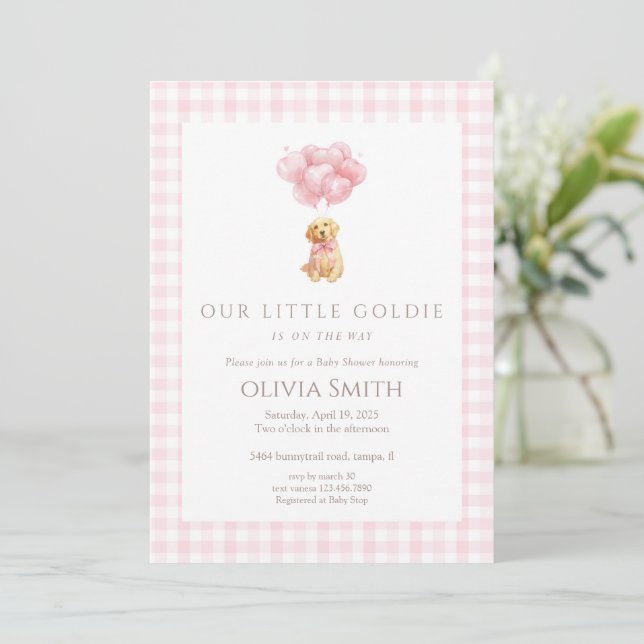 Invitación Chorreo de Bebé de Cachorro Retriever Dorado Rosa (Anverso de pie)