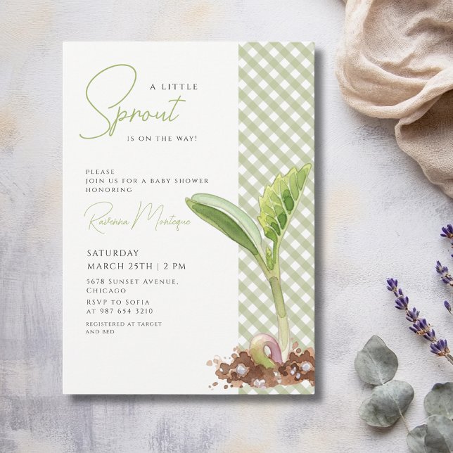 Invitación Chorreo de bebé de gingham verde A Little Sprout (Subido por el creador)