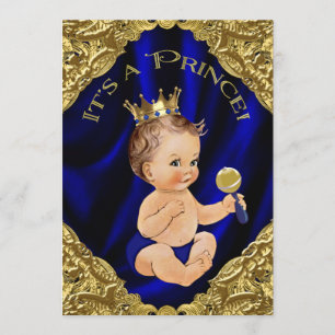 Invitación Chorreo de Bebé de Príncipe de Seda Azul Real y Or