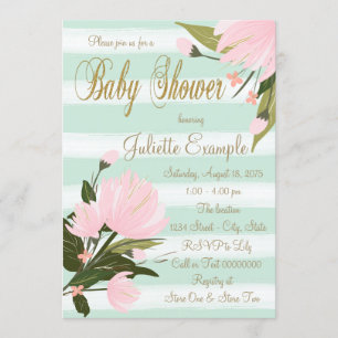 Invitación Chorreo de Bebé de Raya Rosa Menta y Oro