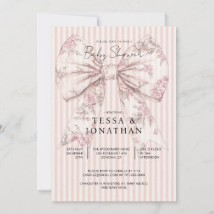 Invitación Chorreo De Bebé De Toile De Jouy De Lazos Rosados