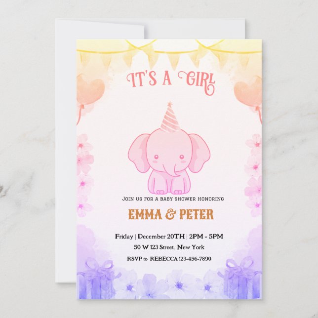 Invitación Chorreo de Bebé Elefante Rosa Personalizado (Anverso)