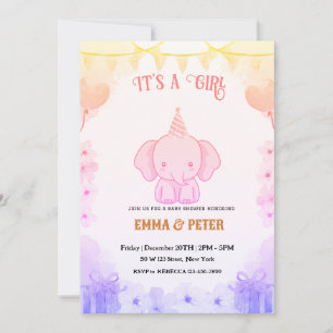 Invitación Chorreo de Bebé Elefante Rosa Personalizado