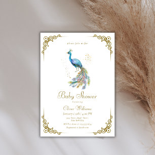 Invitación Chorreo de Bebé Elegante Pavo Real Vintage