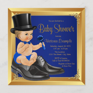 Invitación Chorreo de Bebé Hombre Azul Real Dorado