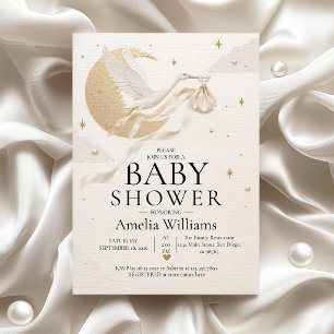 Invitación Chorreo de Bebé Luna Cigüeña Celestial de Oro de L