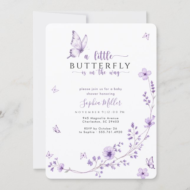 Invitación Chorreo de bebé mariposa lavanda morada (Anverso)