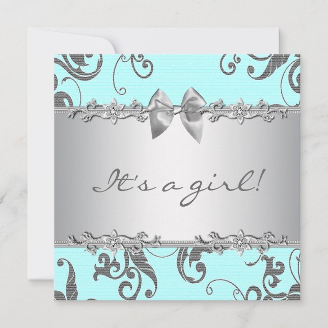 Invitación Chorreo de Bebé Niña Azul Teal Plateado (Anverso)