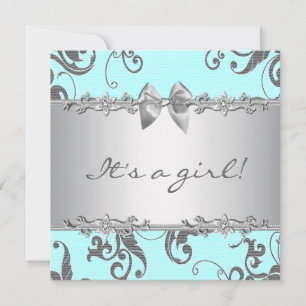 Invitación Chorreo de Bebé Niña Azul Teal Plateado