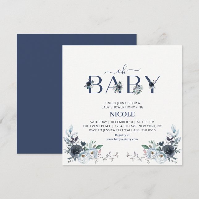 Invitación Chorreo de bebé niño floral boho azul marino cuadr (Anverso / Reverso)
