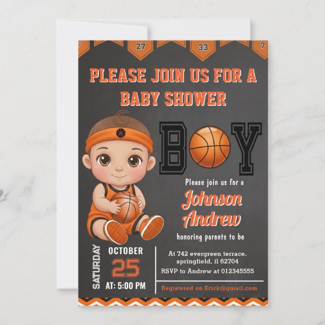 Invitación Chorreo de bebé personalizado de baloncesto (Anverso)