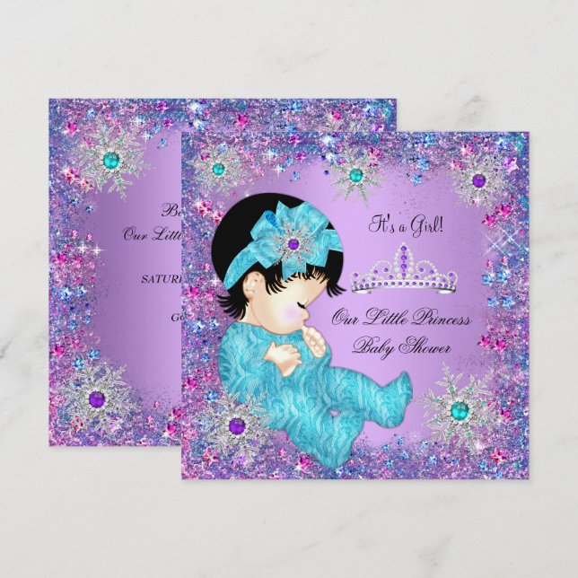 Invitación Chorreo de Bebé Princesa Brunett Azul Teal Morado  (Anverso / Reverso)