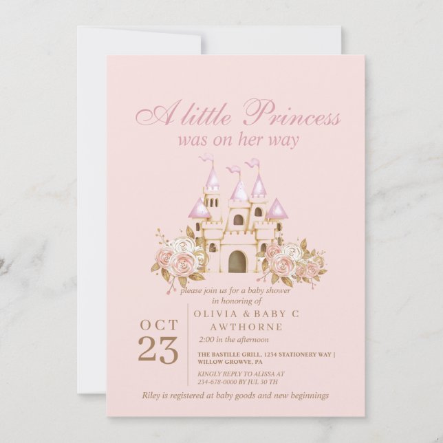 Invitación Chorreo de Bebé Princesa Rosa Rubor (Anverso)